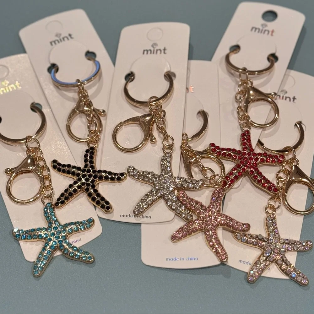 BAG CHARM Mint Starfish Keychain - Sparkly Crystal Sea Star Keyring Pink & Gold - Picture 5 of 6